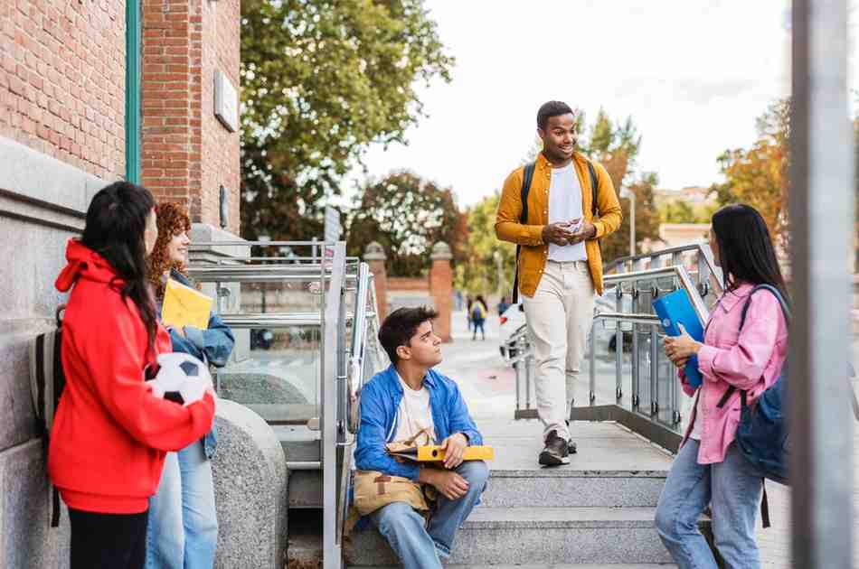 Multi-ethnic students chatting on university steps
